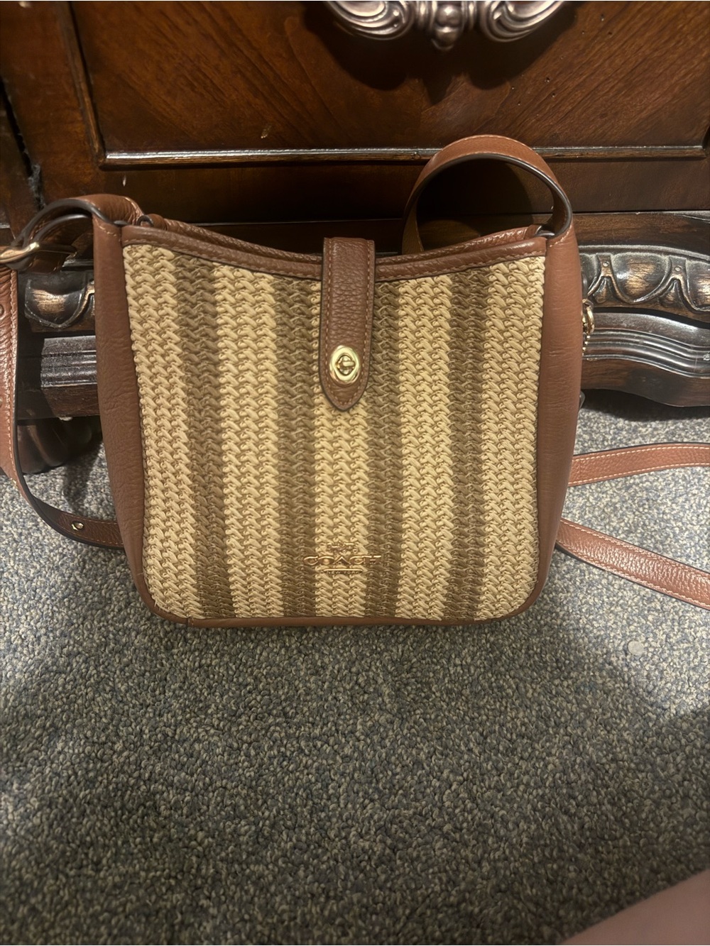 Coach Woven Straw Crossbody in Brown and Cream